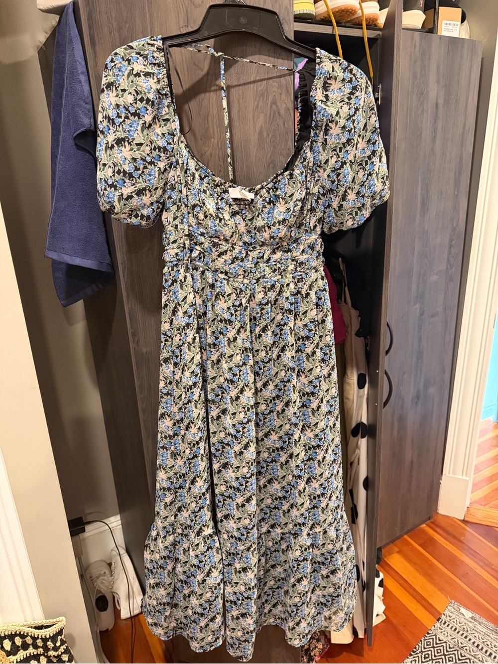 Astr Floral Puff-Sleeve Midi Dress in Blue and Green